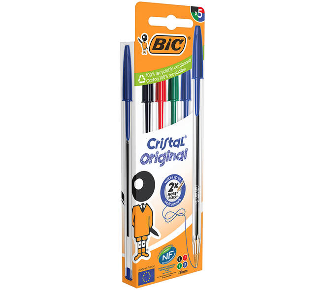 Balpen Bic Cristal medium assorti blister à 5 stuks