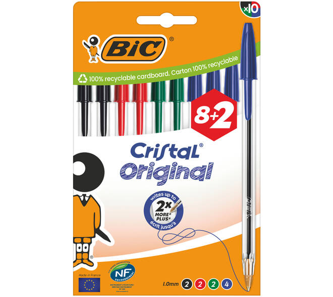 Balpen Bic Cristal medium assorti blister à 8+2 gratis