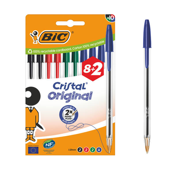 Balpen Bic Cristal medium assorti blister à 8+2 gratis