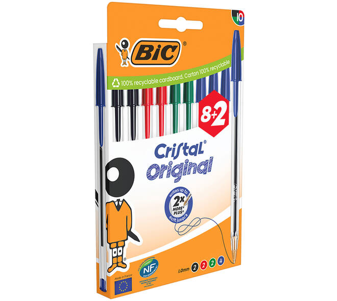 Balpen Bic Cristal medium assorti blister à 8+2 gratis