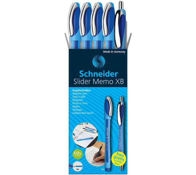 Balpen Schneider Slider Memo XB  blauw 4st + 1 gratis Slider balpen