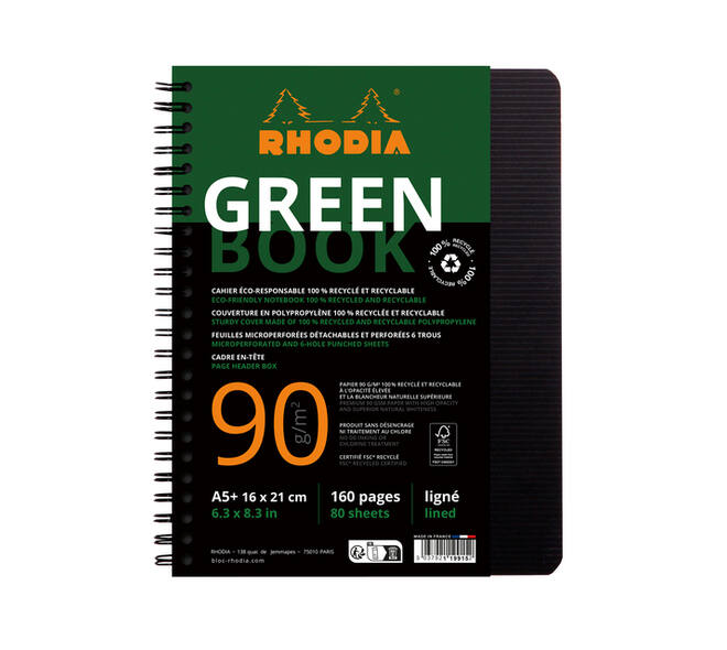 Notitieboek Rhodia Greenbook A5 lijn 6-gaats 180 pagina's 90gr zwart