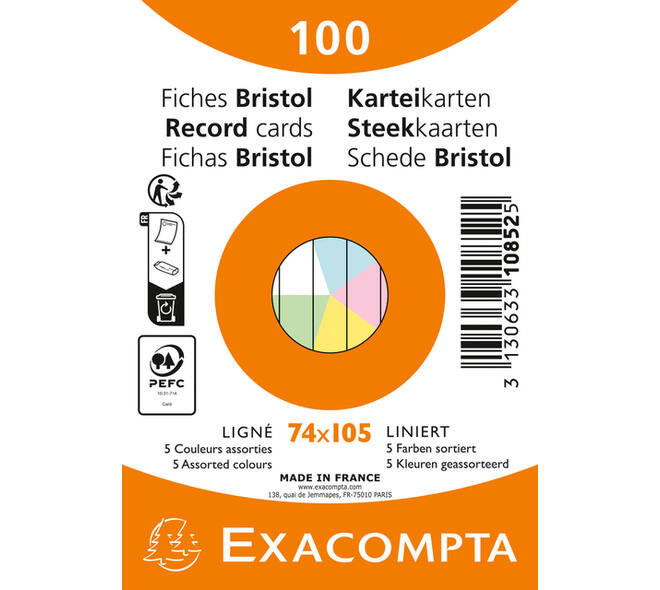 Flashcard Exacompta 74x105mm lijn 5 kleuren 100 vel