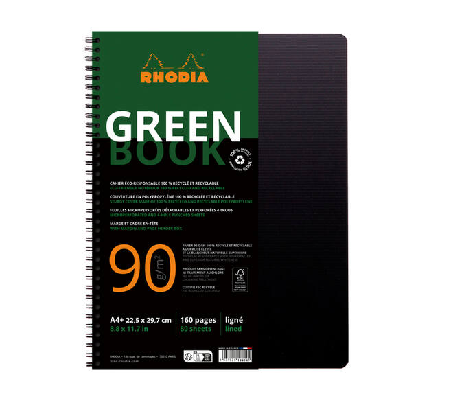 Notitieboek Rhodia Greenbook A4+ lijn 4-gaats 180 pagina's 90gr zwart