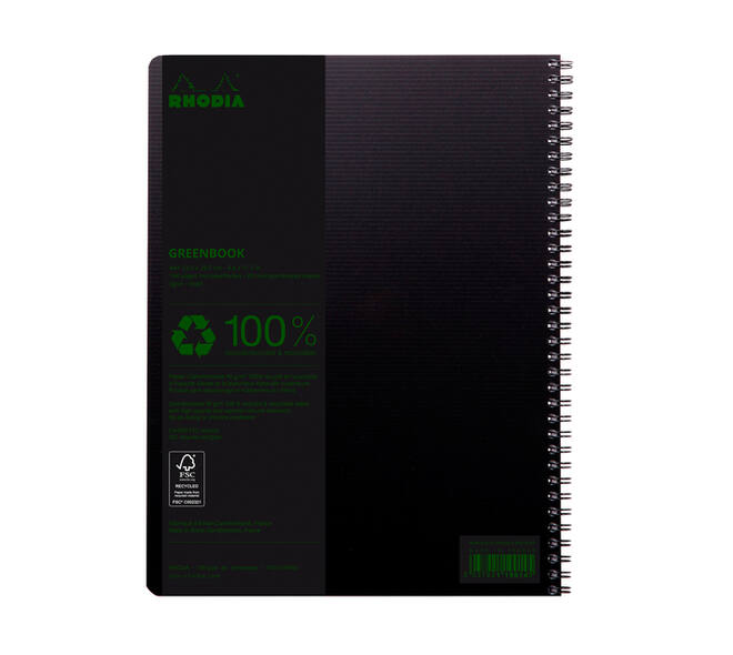 Notitieboek Rhodia Greenbook A4+ lijn 4-gaats 180 pagina's 90gr zwart