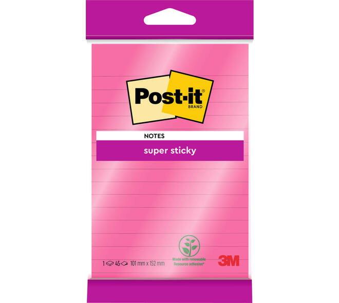 Memoblok 3M Post-it 4645 Super Sticky 101x152mm lijn roze