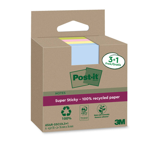 Memoblok 3M Post-it 654 RSSCOL 76x76mm assorti kleur 3+1 gratis