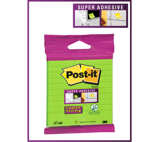 Memoblok 3M Post-it XL-LL Super Sticky 101mmx101mm groen met lijn 70 vel