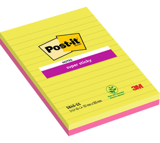 Memoblok 3M Post-it 5845 Super Sticky 127x203mm lijn assorti kleur 90 vel