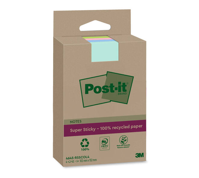 Memoblok 3M Post-it 4645-RSSCOL4 Super Sticky 102x152mm ass. Kleur 4 stuks