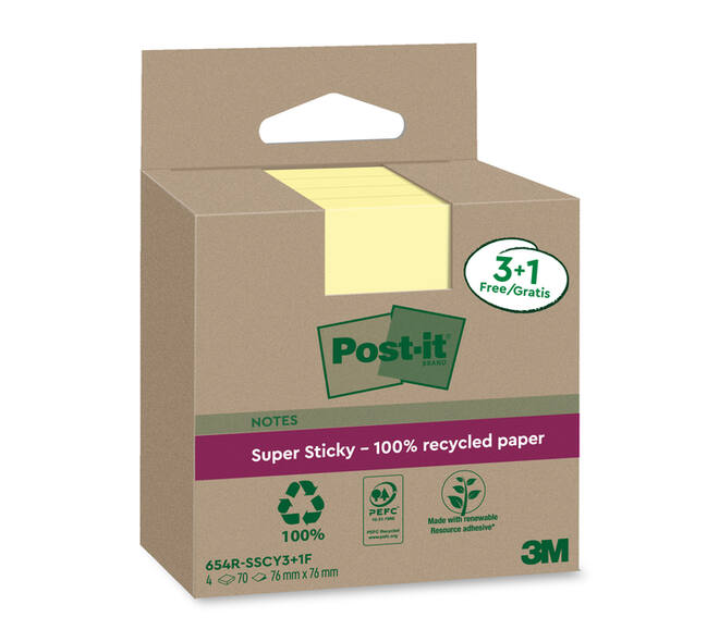Memoblok 3M Post-it 654 RSSCOL 76x76mm geel 3+1 gratis