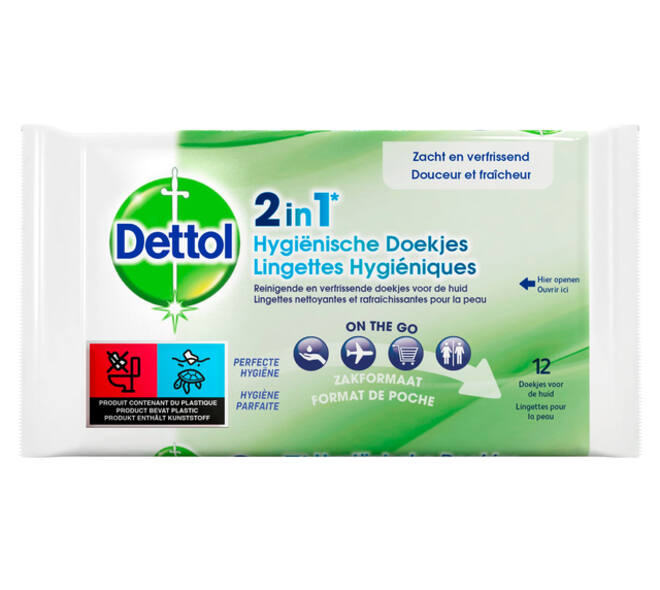 Hygiënische verfrissingsdoekjes Dettol Wipes 2-in-1 12st