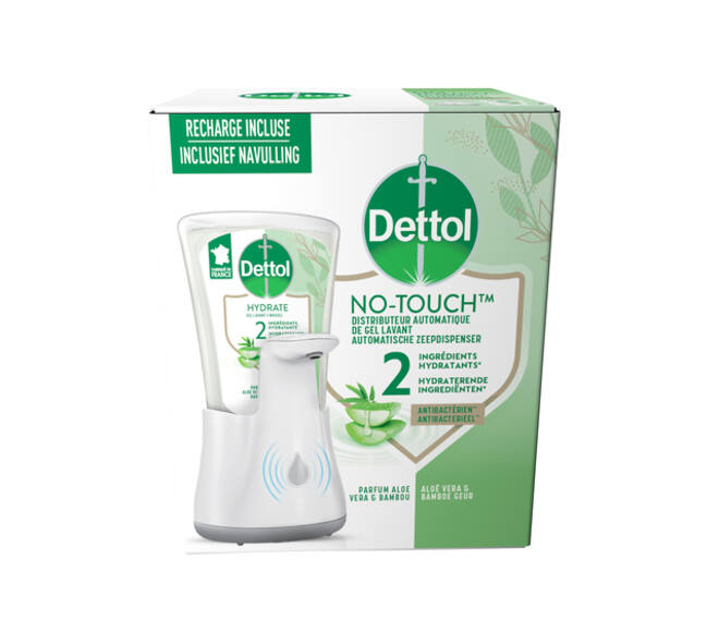 Handzeepdispenser Dettol Hydrating No Touch Kit met zeep 250ml