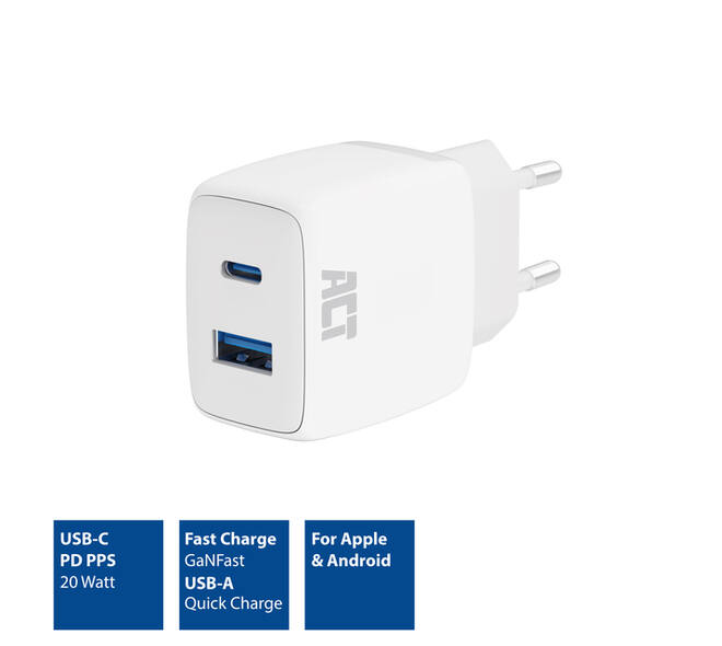 Oplader ACT 20w 2-poorts usb a+c wit