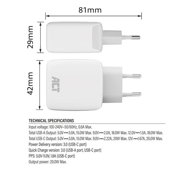 Oplader ACT 20w 2-poorts usb a+c wit
