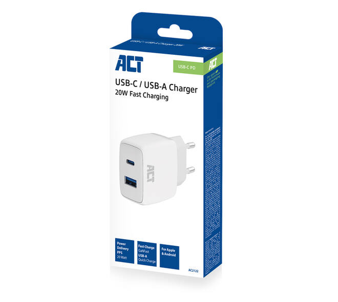 Oplader ACT 20w 2-poorts usb a+c wit