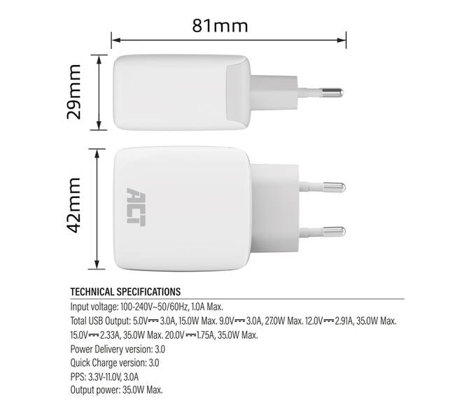 Oplader ACT 35w 1-poort usb c wit