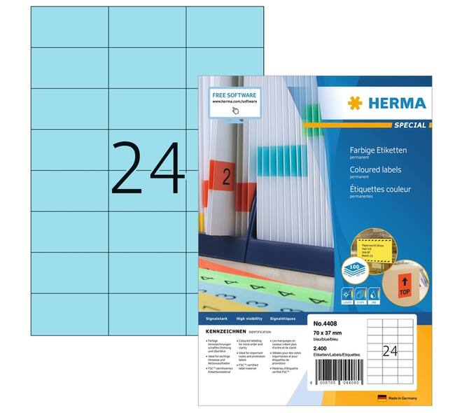 Etiket HERMA 4408 70x37mm blauw 2400 stuks