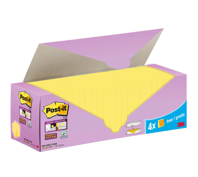 Memoblok 3M Post-it 654-SSCY Super Sticky 76x76mm geel voordeelpak