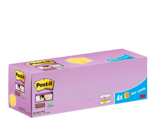 Memoblok 3M Post-it 654-SSCY Super Sticky 76x76mm geel voordeelpak