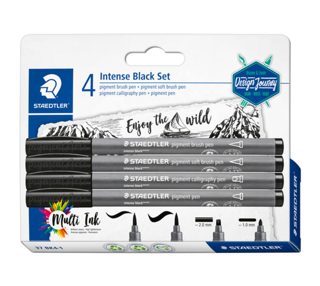 Brushpen Staedtler PigmentArts Intens zwart set à 4 schrijfbreedtes