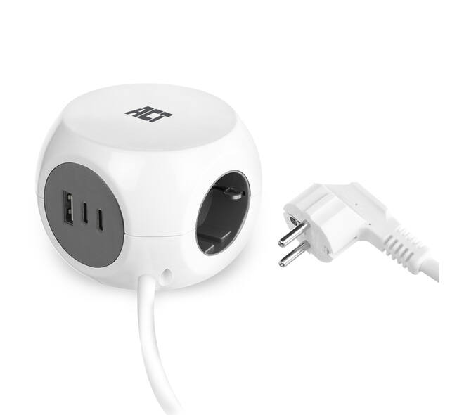 Stekkerblok ACT 3 voudig  inclusief 2x USB C/A 1.5 meter wit/grijs