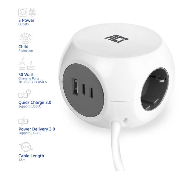 Stekkerblok ACT 3 voudig  inclusief 2x USB C/A 1.5 meter wit/grijs