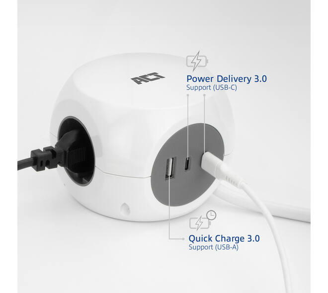Stekkerblok ACT 3 voudig  inclusief 2x USB C/A 1.5 meter wit/grijs