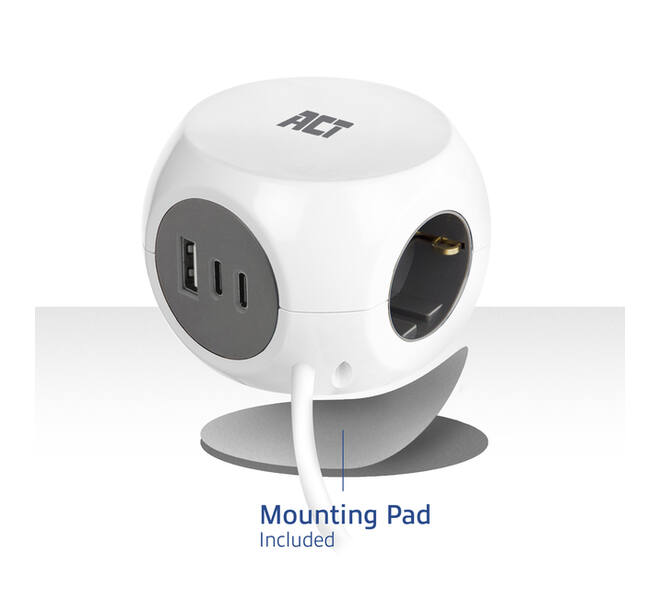 Stekkerblok ACT 3 voudig  inclusief 2x USB C/A 1.5 meter wit/grijs