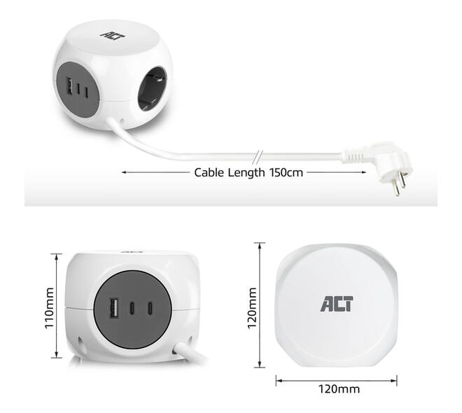 Stekkerblok ACT 3 voudig  inclusief 2x USB C/A 1.5 meter wit/grijs