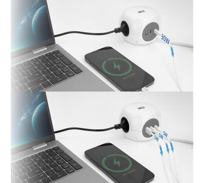 Stekkerblok ACT 3 voudig  inclusief 2x USB C/A 1.5 meter wit/grijs