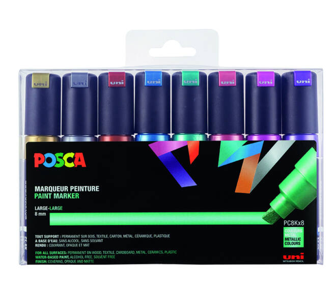 Paintmarker Uni POSCA PC8K breed schuin metallic assorti set à 8 stuks