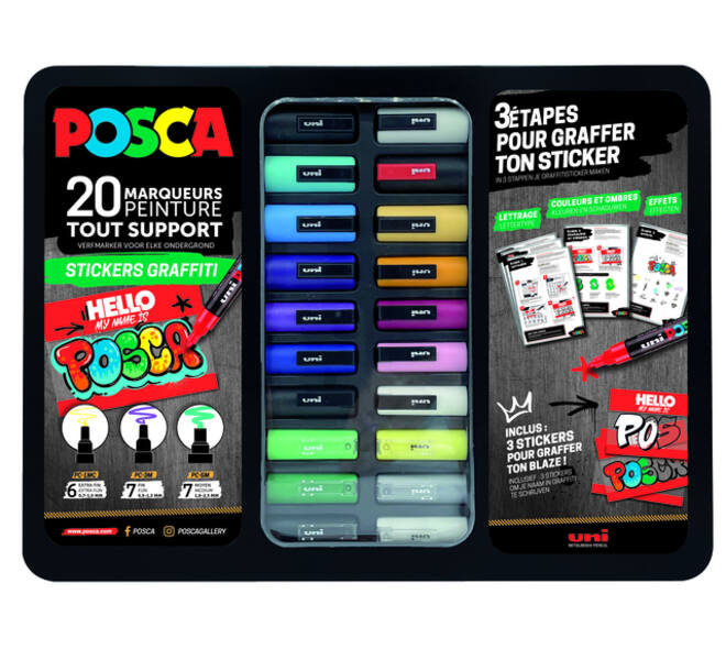 Paintmarker Uni POSCA Sticker Graffiti assorti metalen koffer à 20st