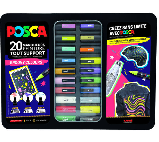 Paintmarker Uni POSCA Groovy Colours assorti metalen koffer à 20 stuks
