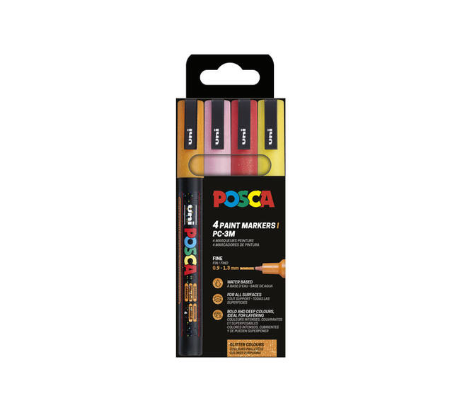 Paintmarker Uni POSCA PC3M fijn glitter warm assorti set à 4 stuks