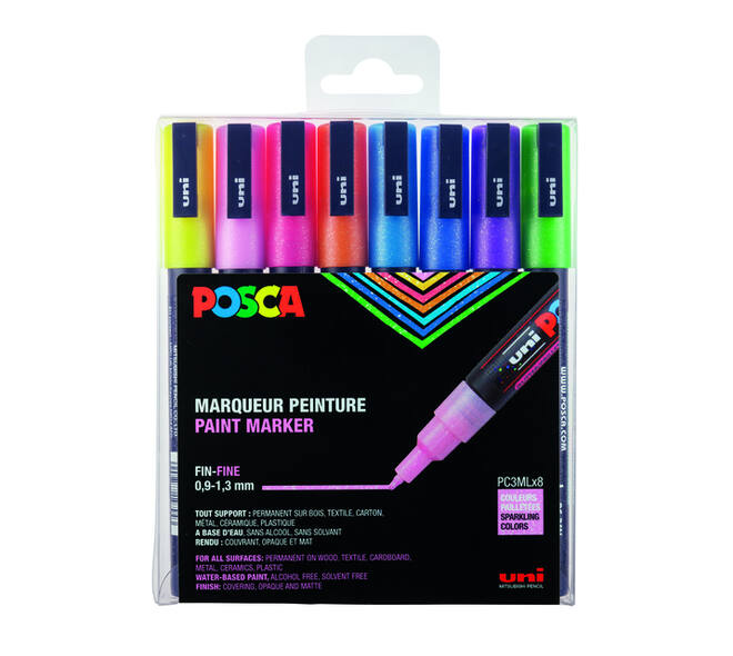 Paintmarker Uni POSCA PC3M fijn glitter pastel assorti set a 8 stuks
