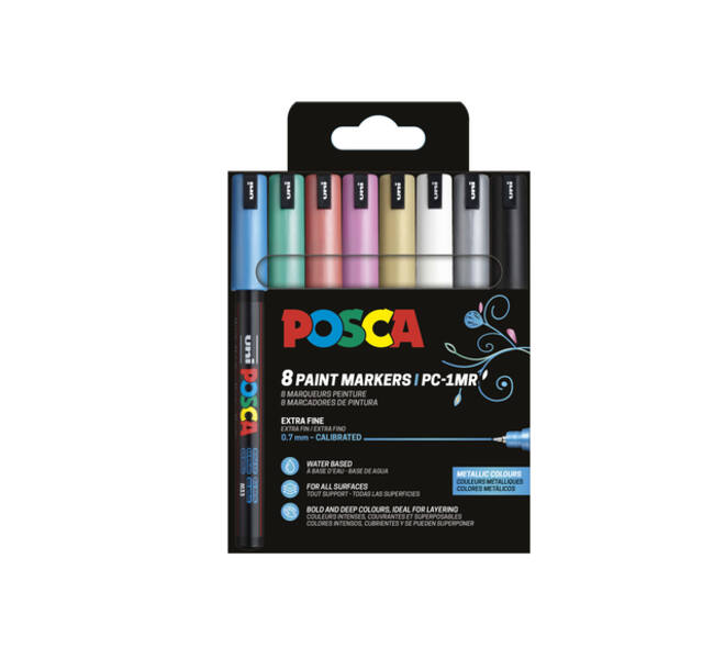 Paintmarker Uni POSCA PC1MR extra fijn metallic assorti set à 8 stuks
