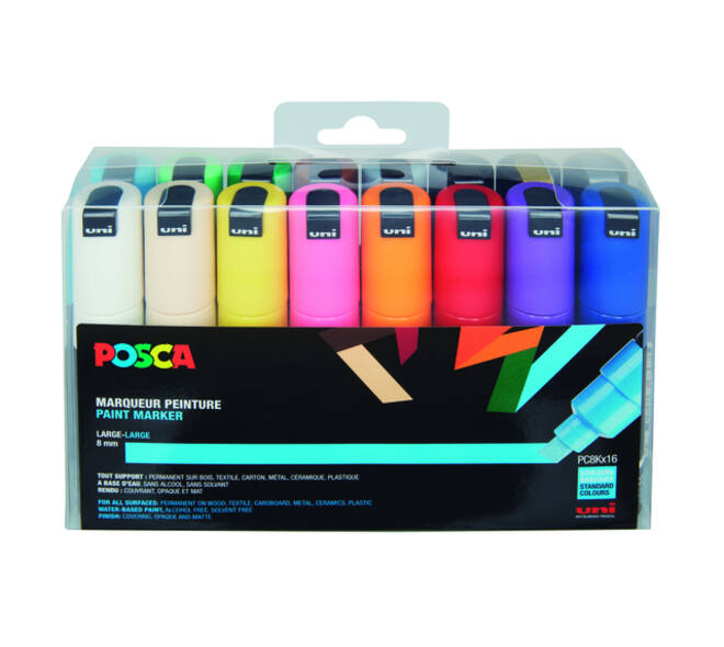 Paintmarker Uni POSCA PC8K breed schuin assorti set à 16 stuks