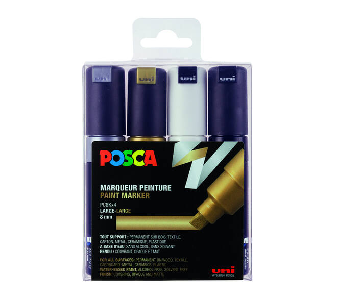 Paintmarker Uni POSCA PC8K breed schuin assorti set à 4 stuks