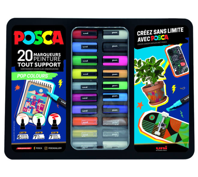 Paintmarker Uni POSCA Pop Colours assorti metalen koffer à 20 stuks