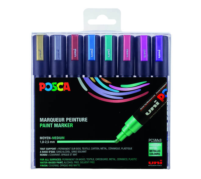 Paintmarker Uni POSCA PC5M medium metallic assorti set à 8 stuks