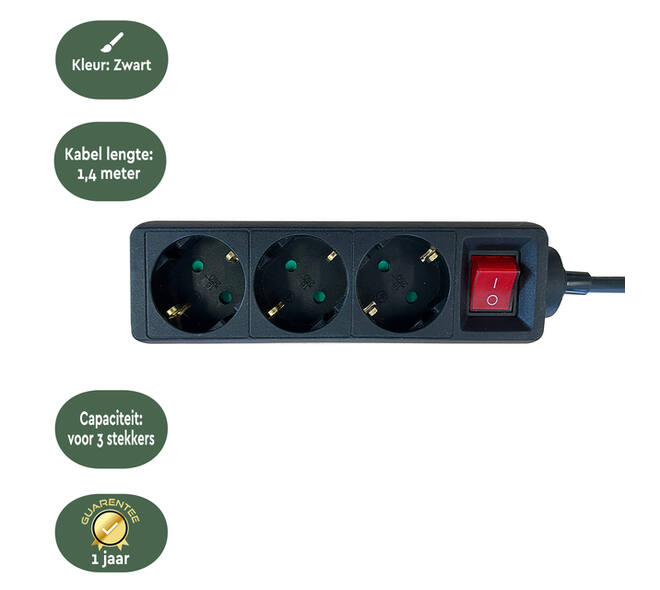 Stekkerdoos BRASQ  3 voudig 1.4 meter zwart