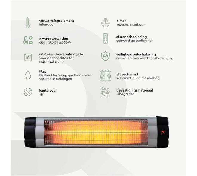 Terrasverwarmer BRASQ PHW200 hangend elektrisch met afstandbediening