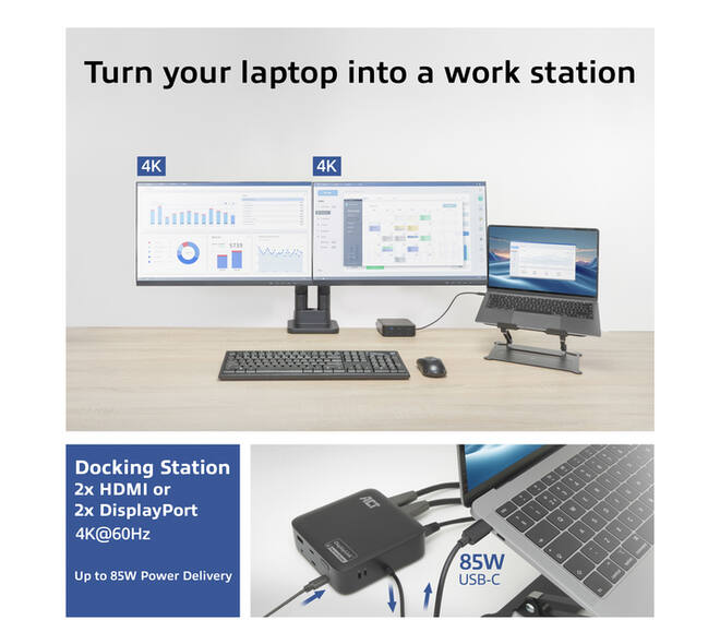 Dockingstation ACT USB-C Dual Monitor met Power Delivery