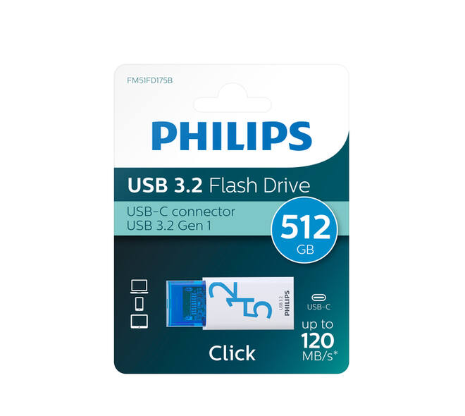 USB stick 3.2 Philips Click USB-C 512GB blauw