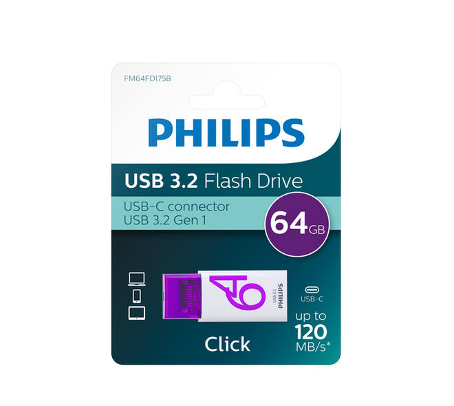 USB stick 3.2 Philips Click USB-C 64GB paars