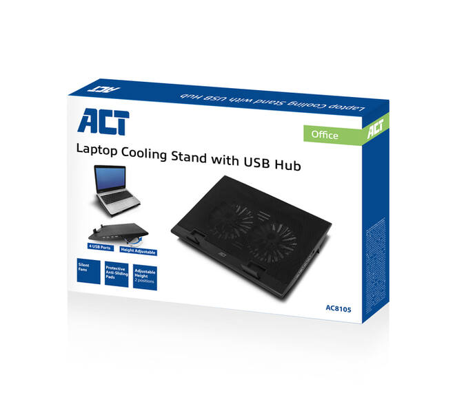Laptopstandaard ACT 2 standen met ventilator 4-p hub
