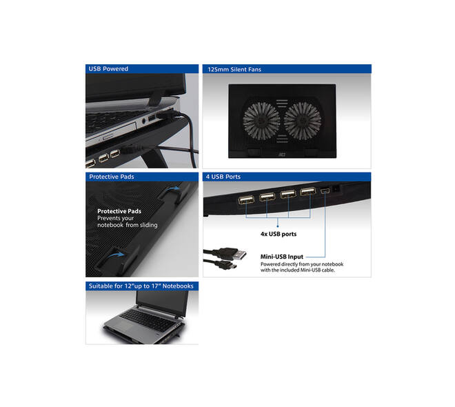 Laptopstandaard ACT 2 standen met ventilator 4-p hub