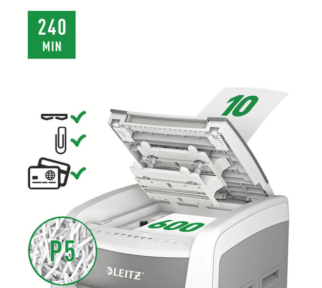 Papiervernietiger Leitz IQ Auto+ Office Pro 600 P5 snippers 2x15mm
