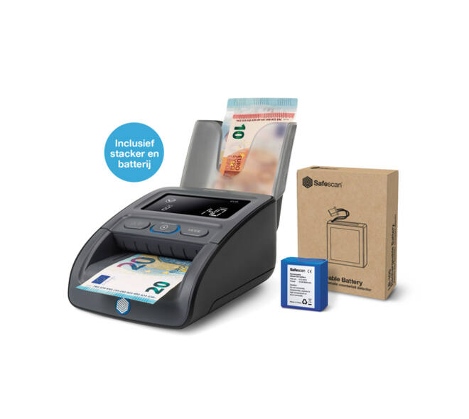 Valsgeld detector Safescan 155-S G2 complete set met oplaadbare batterij en biljetten stacker